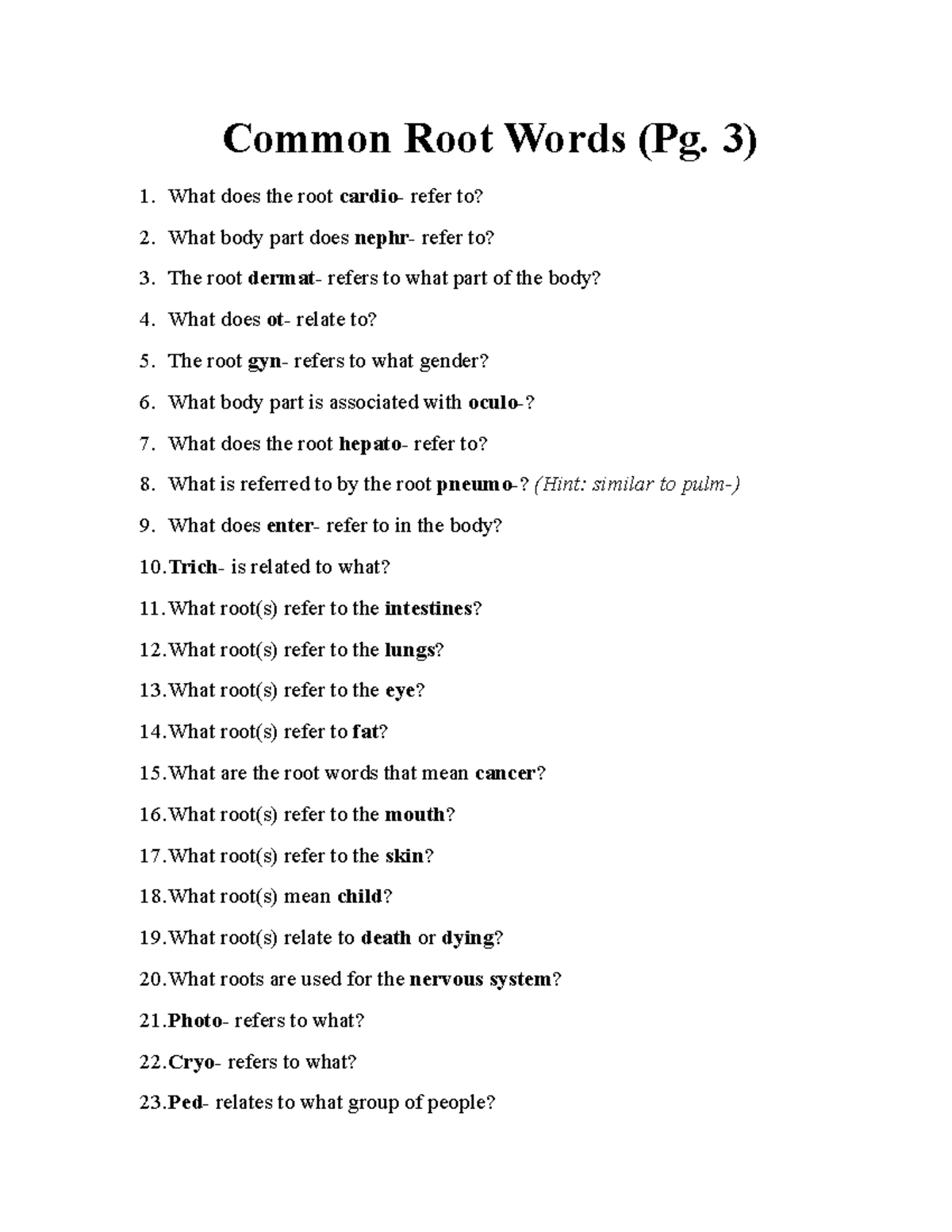 Common Root Words Quiz (Pg. 3) - Body Parts & Concepts - Studocu