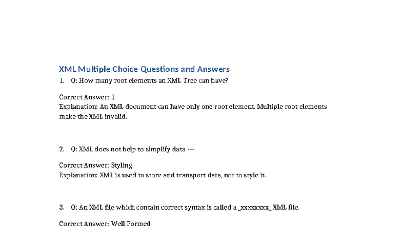 XML MCQs & Answers: Understanding XML Syntax & Structure - Studocu