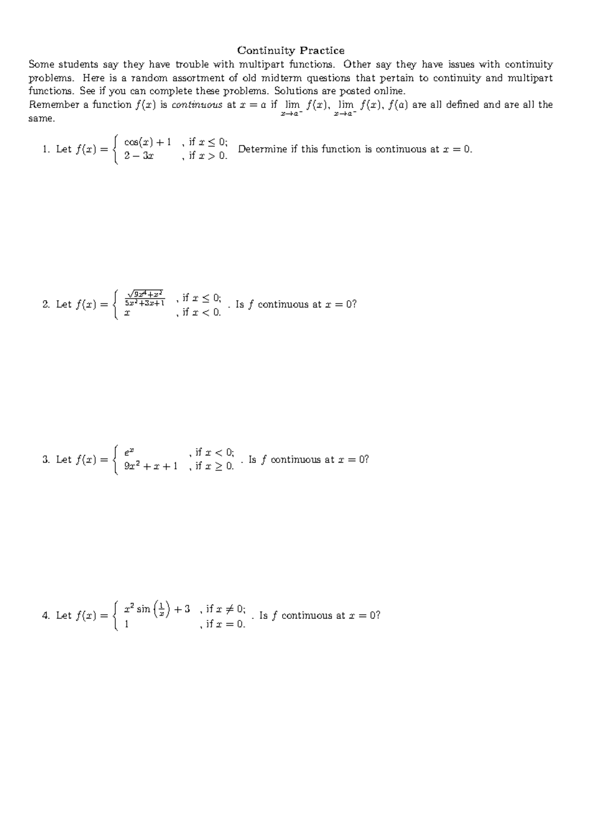M124 Midterm Practice on Continuity and Multipart Functions - Studeersnel