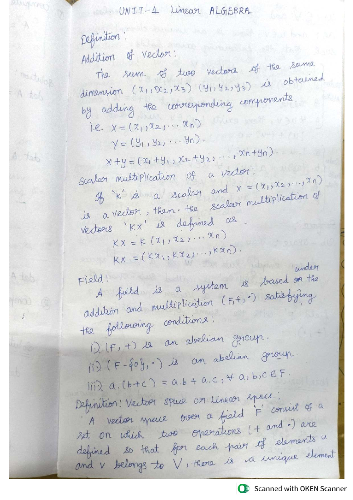 Linear Algebra: Vector Addition, Scalar Multiplication & Spaces - Studocu