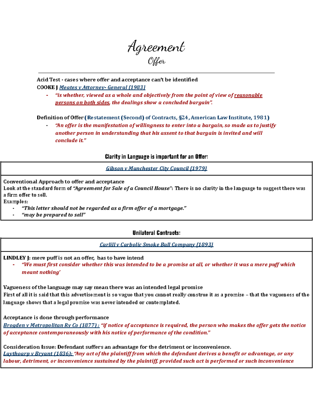 Contracts WK 1 notes: Agreement offer acid test and acceptance analysis ...