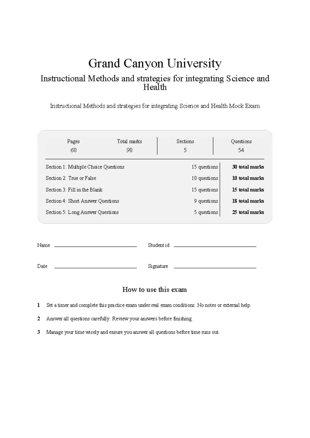 GCU SCI 101 Mock Exam: Integrating Science & Health Instructional ...