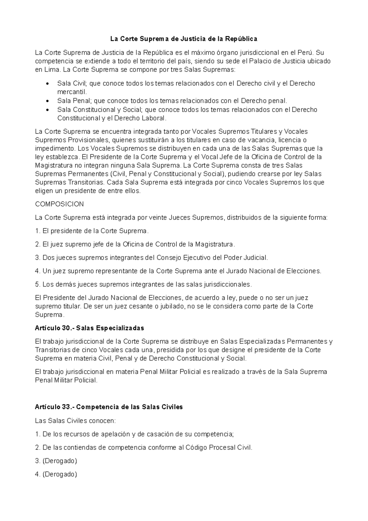 La Corte Suprema de Justicia del Perú: Estructura y Funciones - Studocu