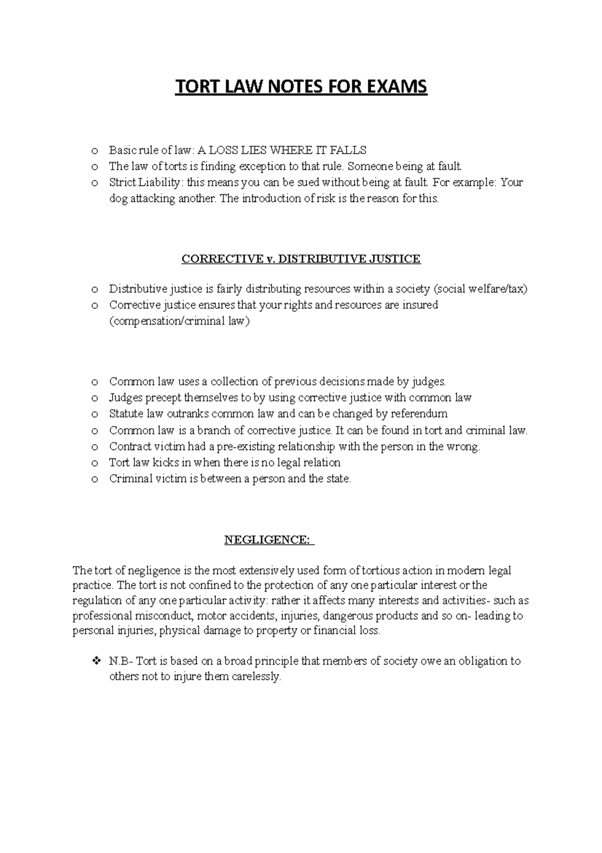 TORT LAW Exam Notes: Key Concepts and Case Summaries - Studocu