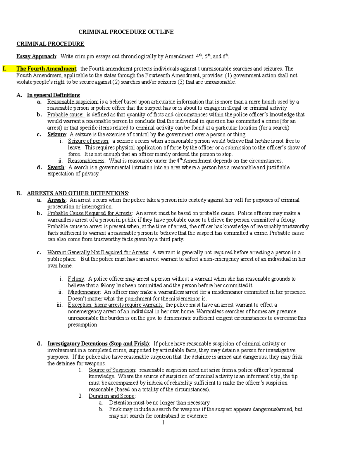 Crim Pro Outline - Comprehensive Guide to Criminal Procedure - Studocu