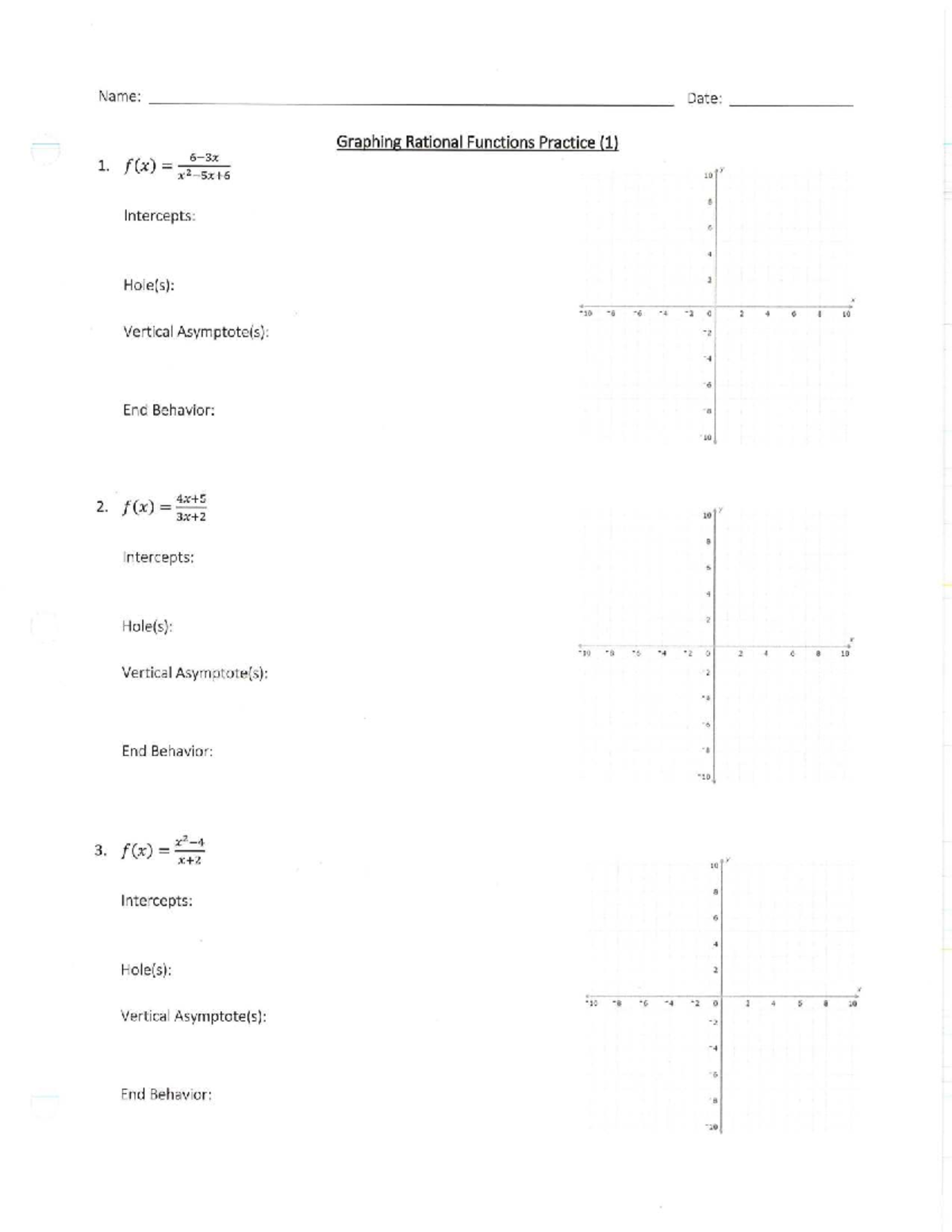 Graphing Rational Functions Practice (MATH 101) - Studocu