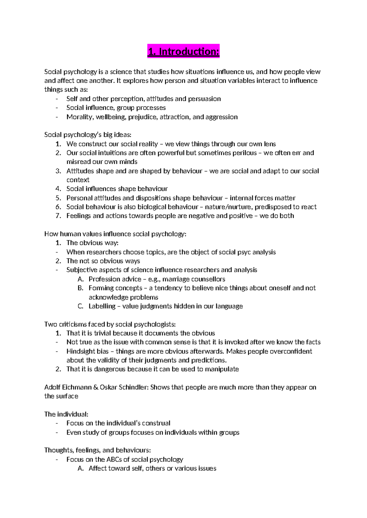Mid-Sem Revision - Summary of Social Psychology Concepts and Theories ...