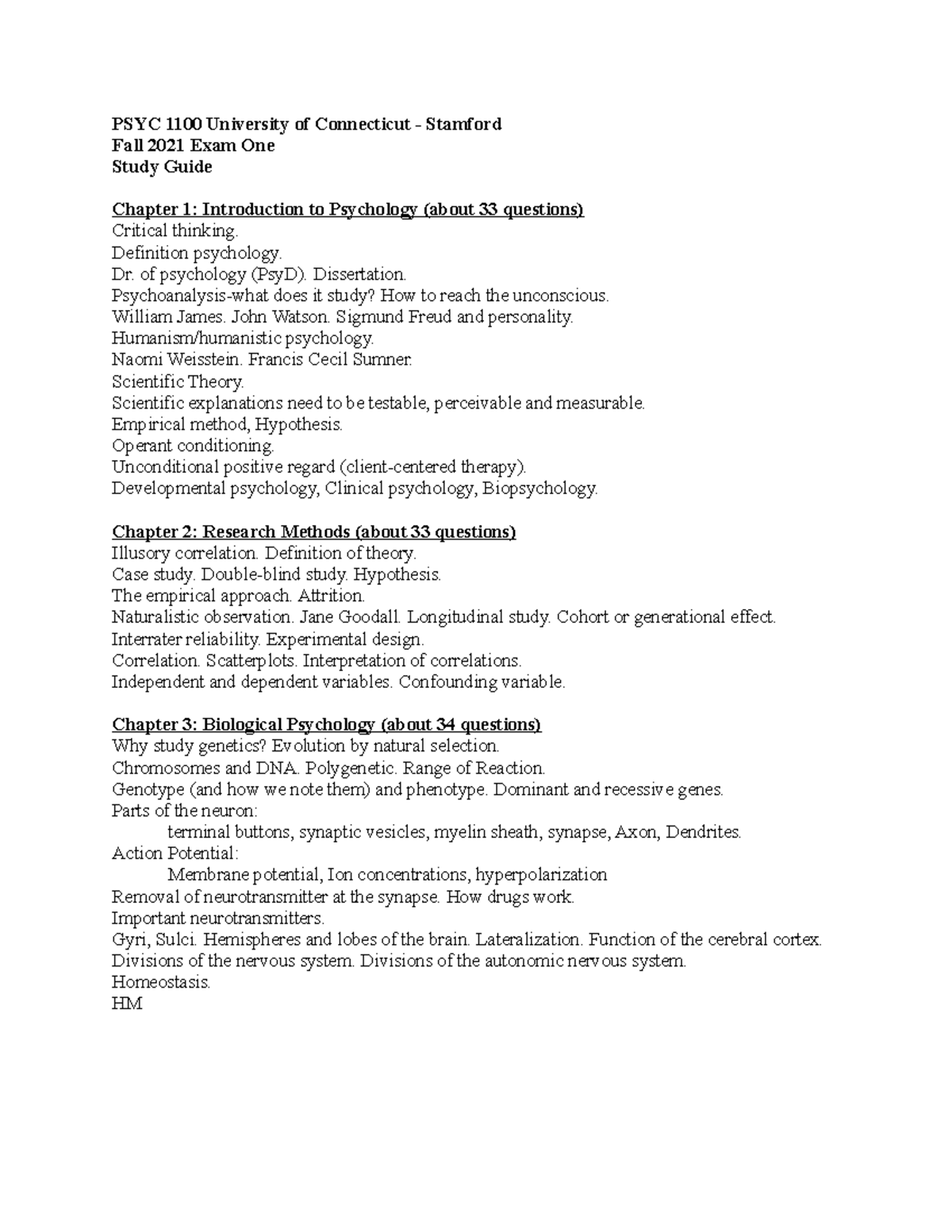 1100 Study Guide Exam 1 Study Guide(1) (2) - PSYC 1100 University of ...