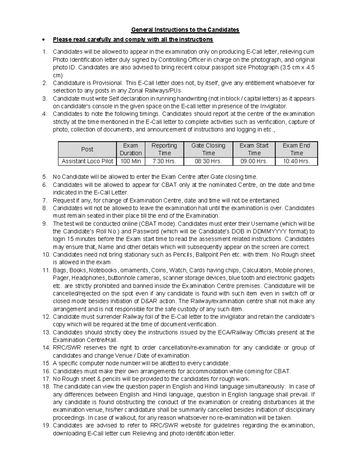 General Instructions for Candidates: Post Assistant Loco Pilot Exam ...