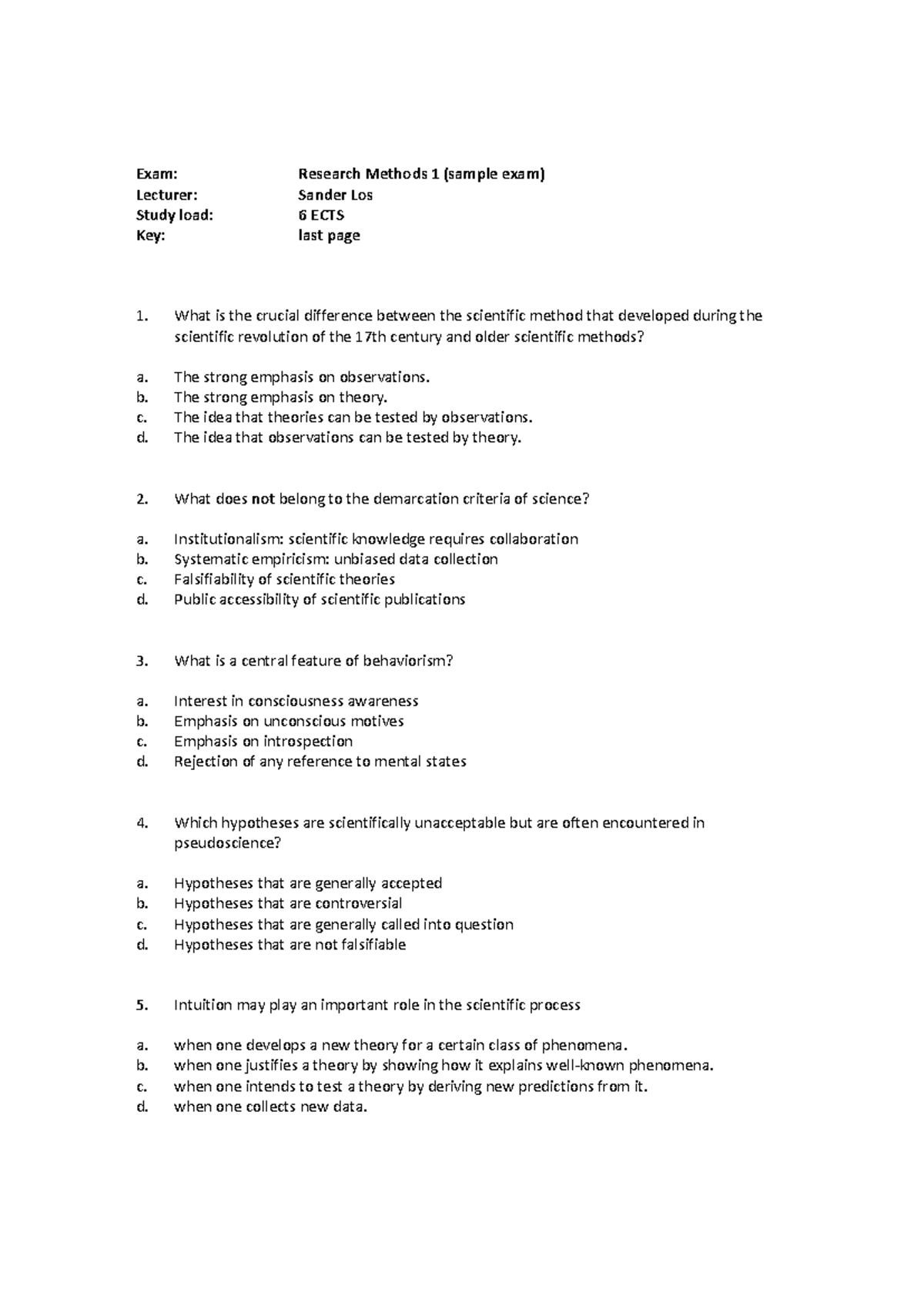 Research Methods 1 - Sample Exam Questions and Answers (Final Exam ...
