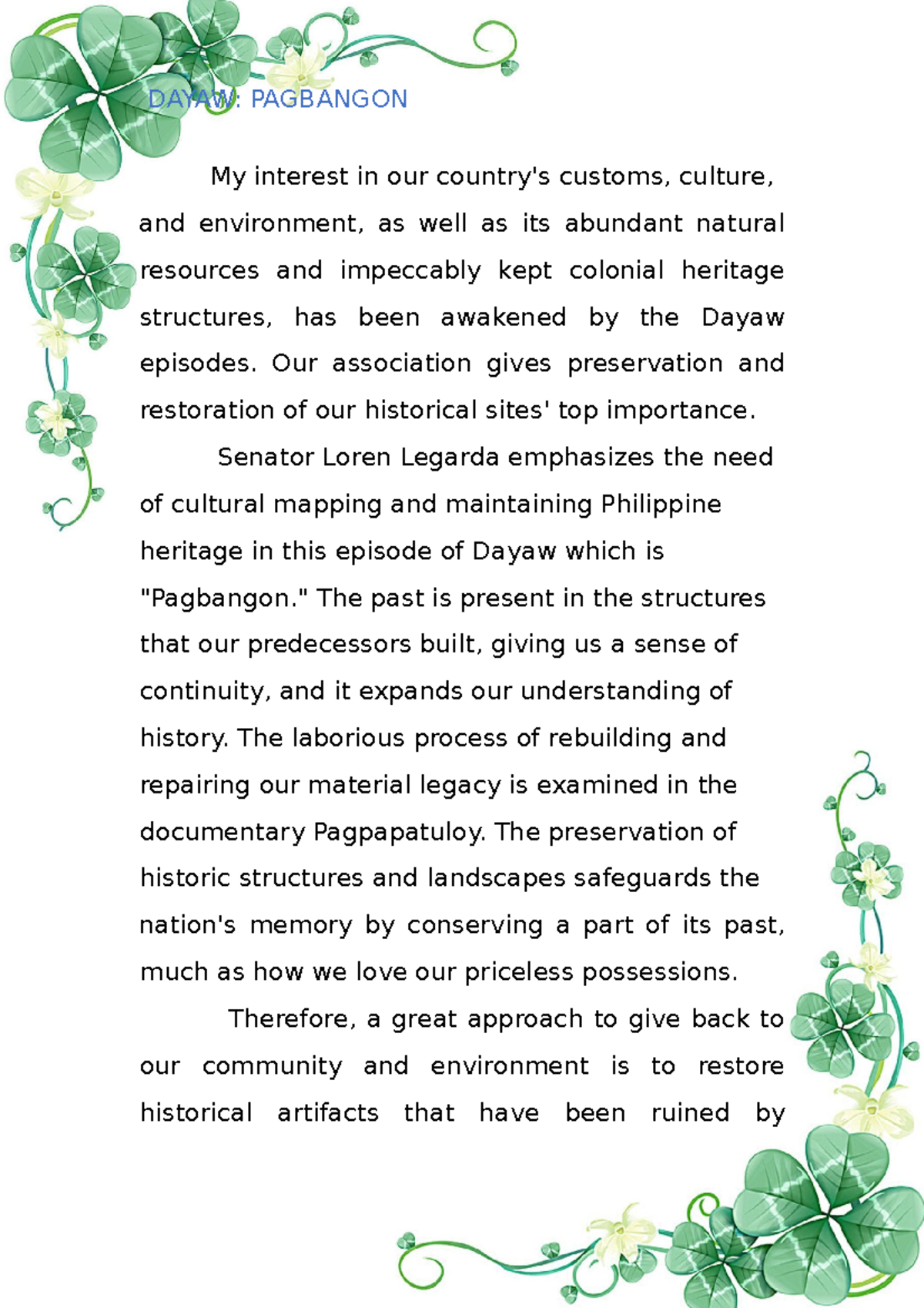 DAYAW Reflection on Cultural Heritage and Environmental Conservation ...