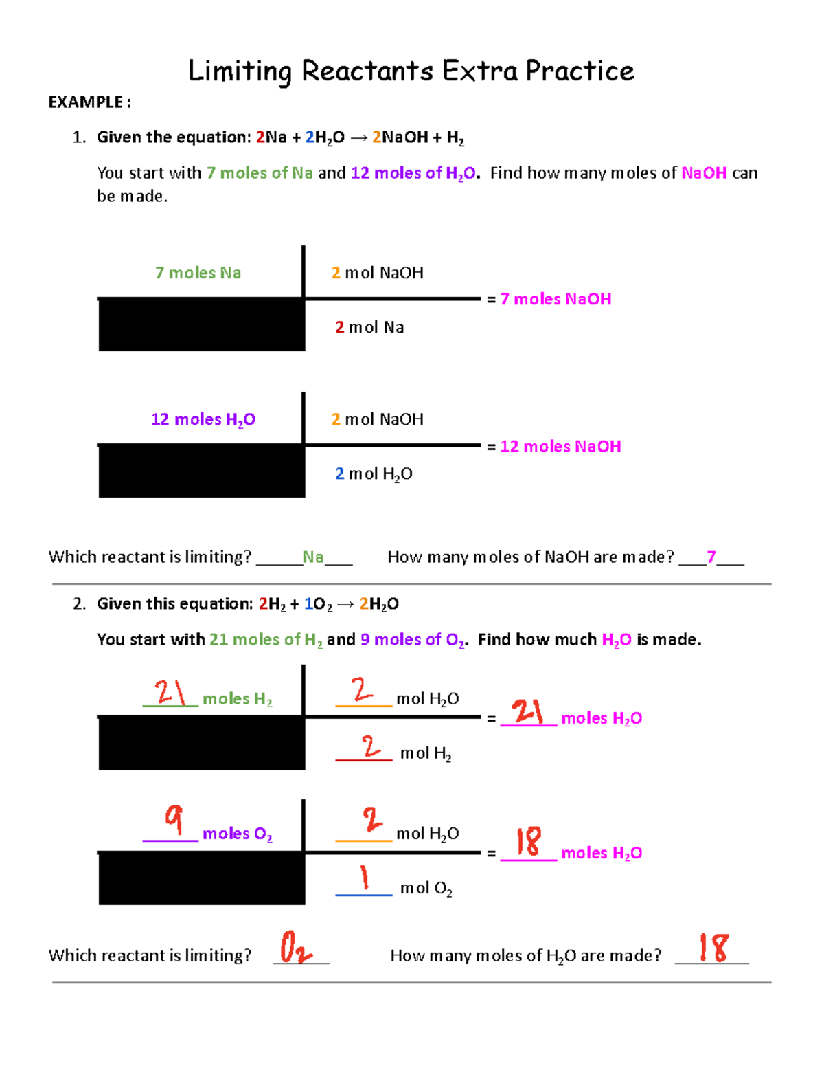 Key Limiting Reactants Stoich Extra Practice Limiting Reactants Extra