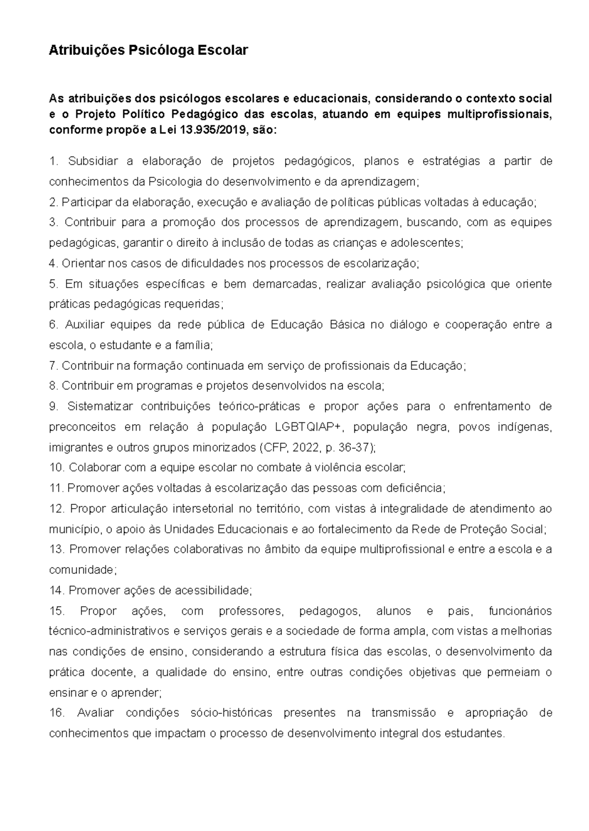 Atribuições e Papéis do Psicólogo Escolar: Lei 13/2019 e Práticas ...
