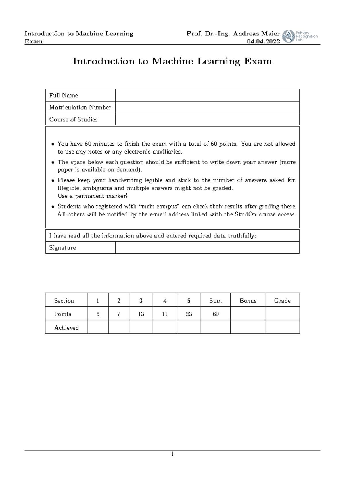 Introduction to Machine Learning Exam - Prof. Dr.-Ing. A. Maier (04.04 ...