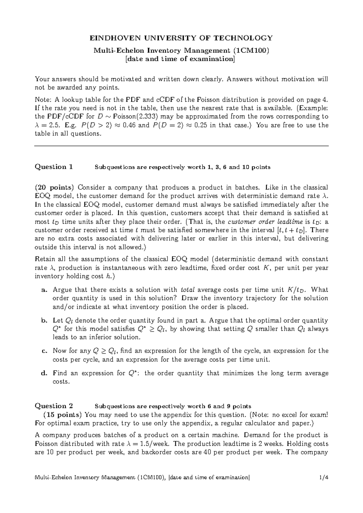 Practice Exam 1CM100 - Multi-Echelon Inventory Management 2020 ...