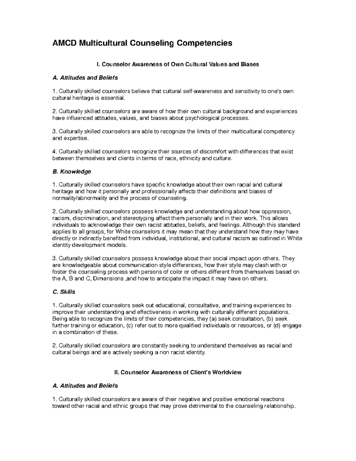 AMCD Multicultural Counseling Competencies: Counselor Awareness and ...
