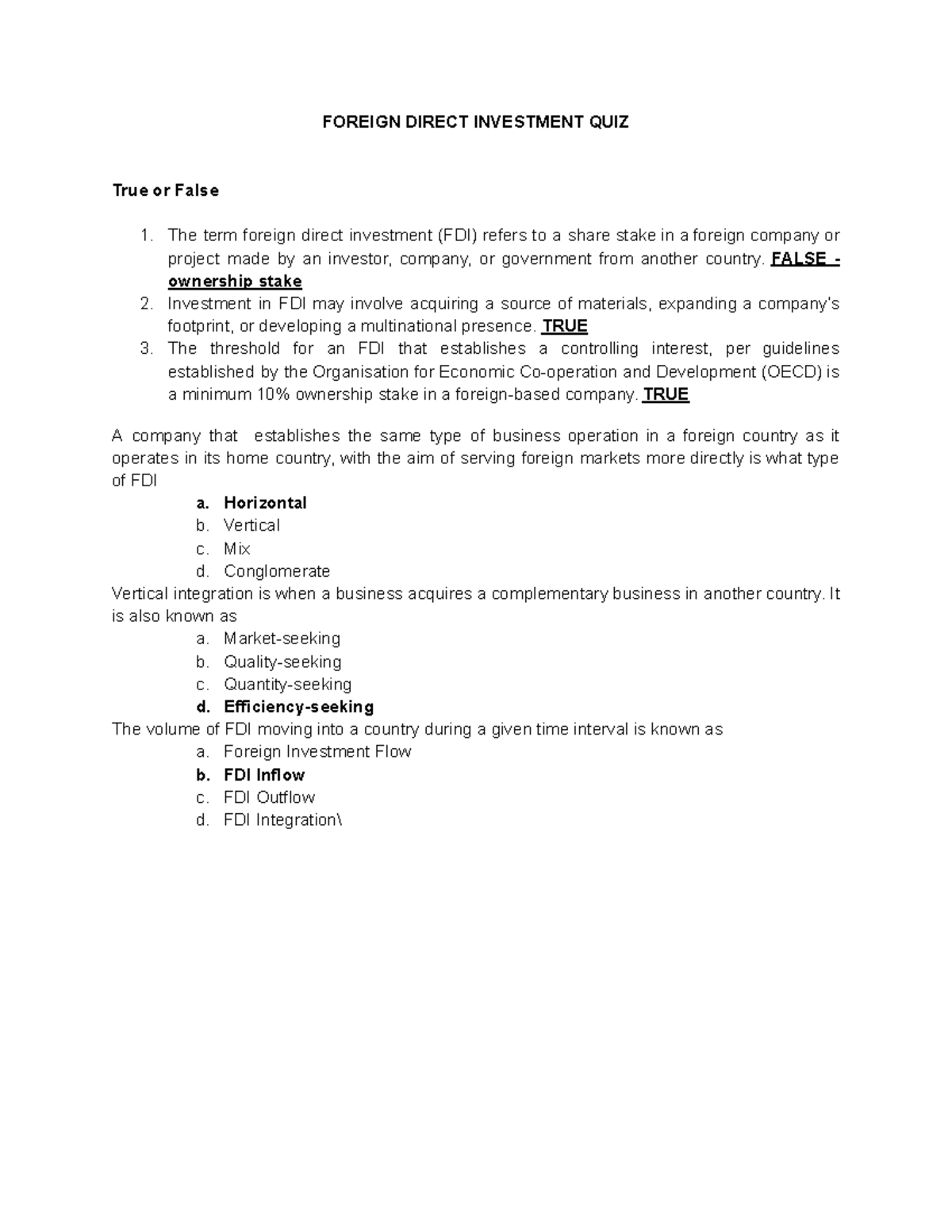 Foreign Direct Investment QUIZ - FOREIGN DIRECT INVESTMENT QUIZ True or ...