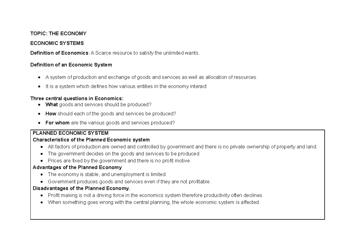 Lecture Notes on Economic Systems - Studocu