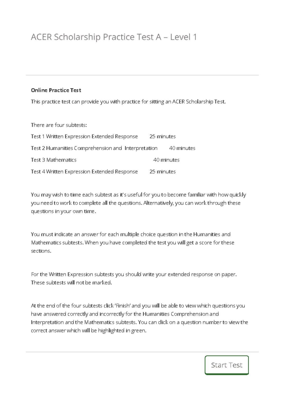 ACER Scholarships Online Practice Test for Level 1 Y7-8 - Studocu