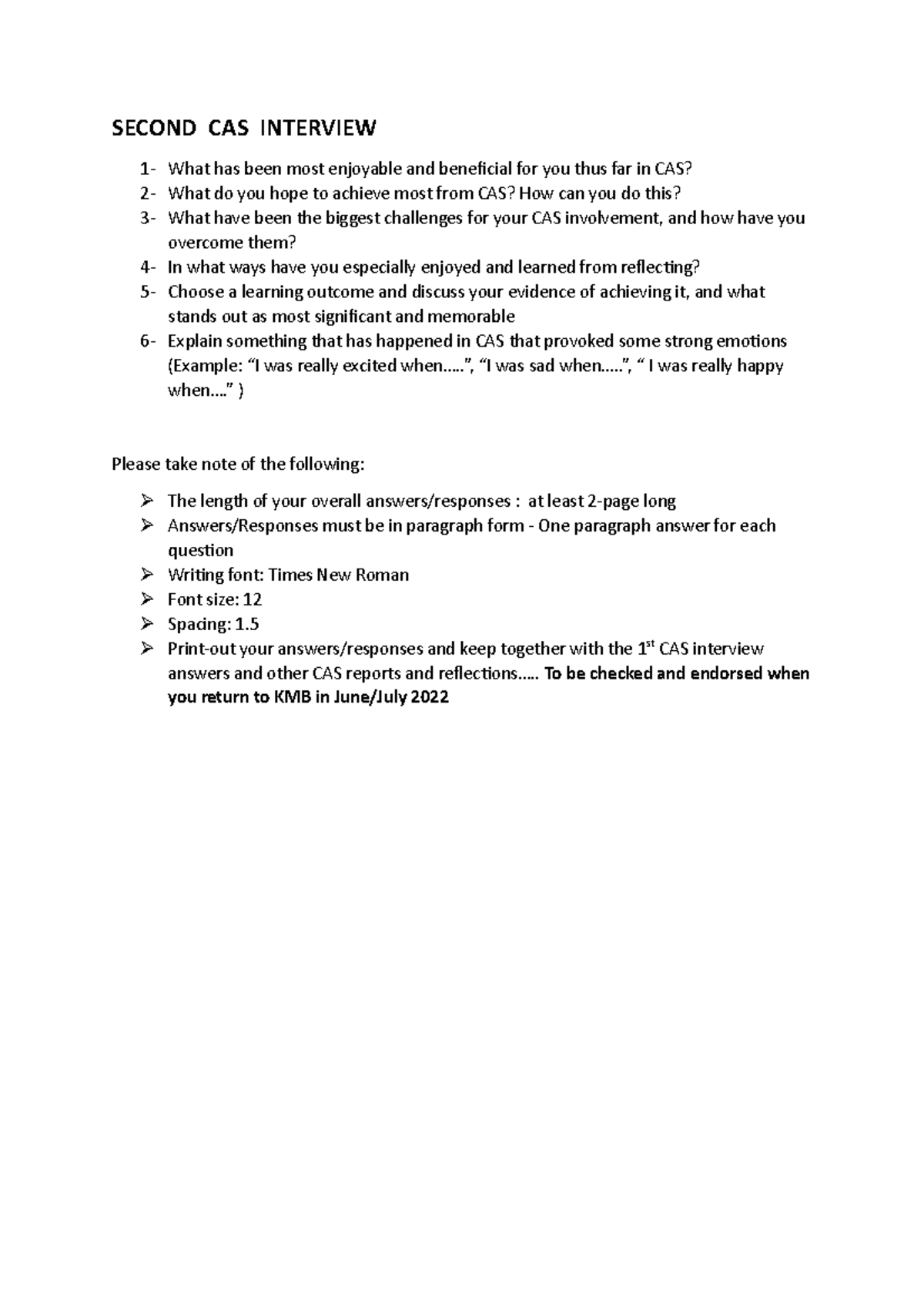 2nd CAS Interview Questions - March 2022 Reflection Guide - Studocu