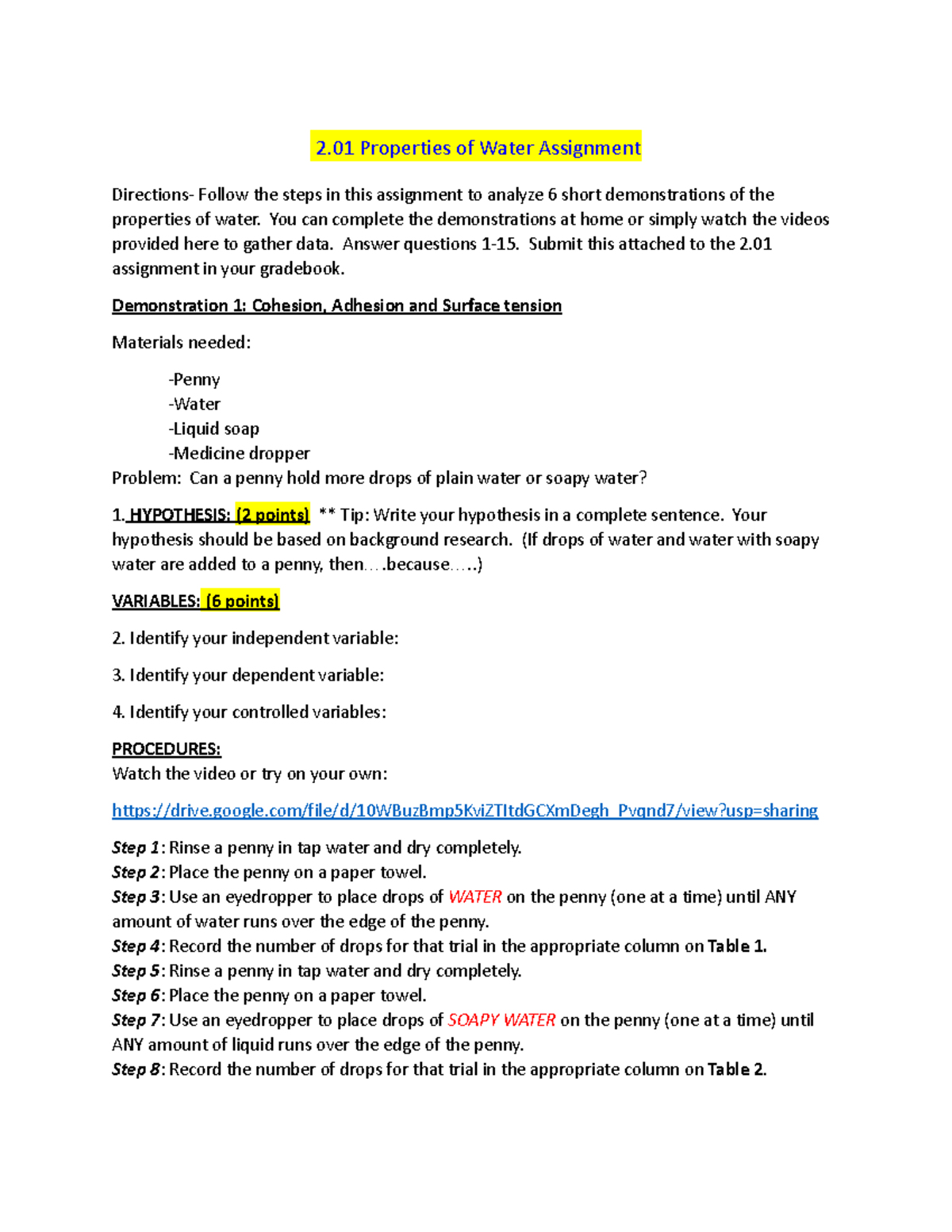 2.01 Properties of Water Assignment: Analyzing Key Demonstrations - Studocu