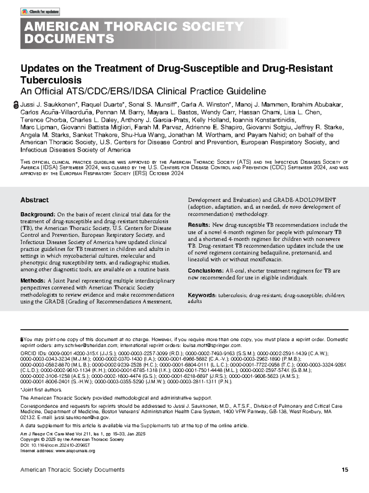 ATS Clinical Practice Guidelines: Updates on Tuberculosis Treatment ...