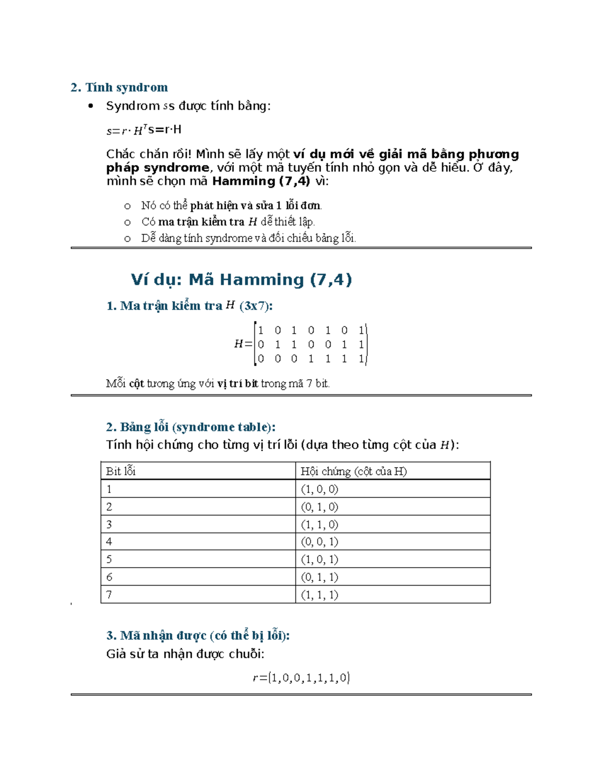 Giải mã bằng phương pháp Syndrome với Mã Hamming (7,4) - Tính toán và ...