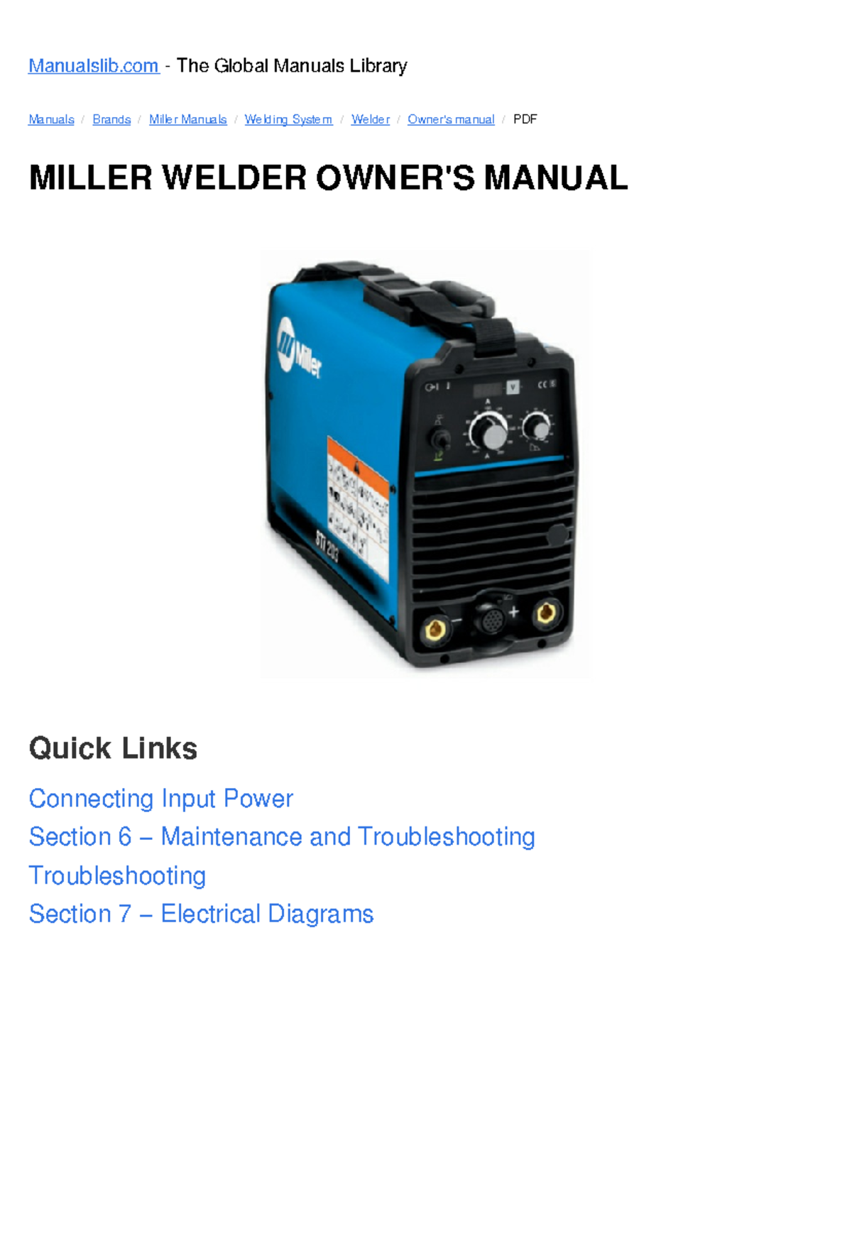 MILLER WELDER MANUAL STi 203: Installation, Operation & Safety Guide ...