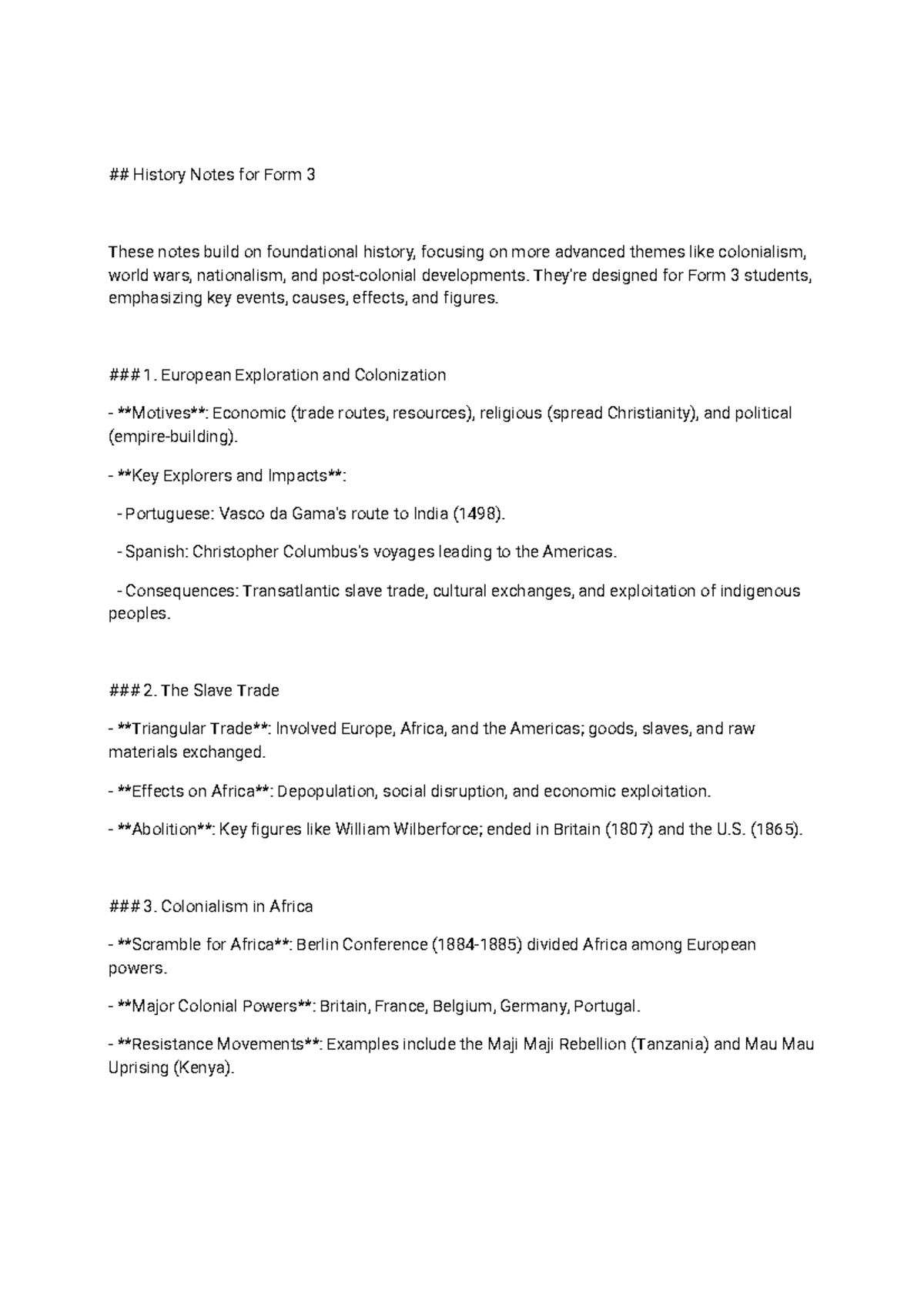 Form 3 History Notes: Colonialism, Wars, and Nationalism Insights - Studocu