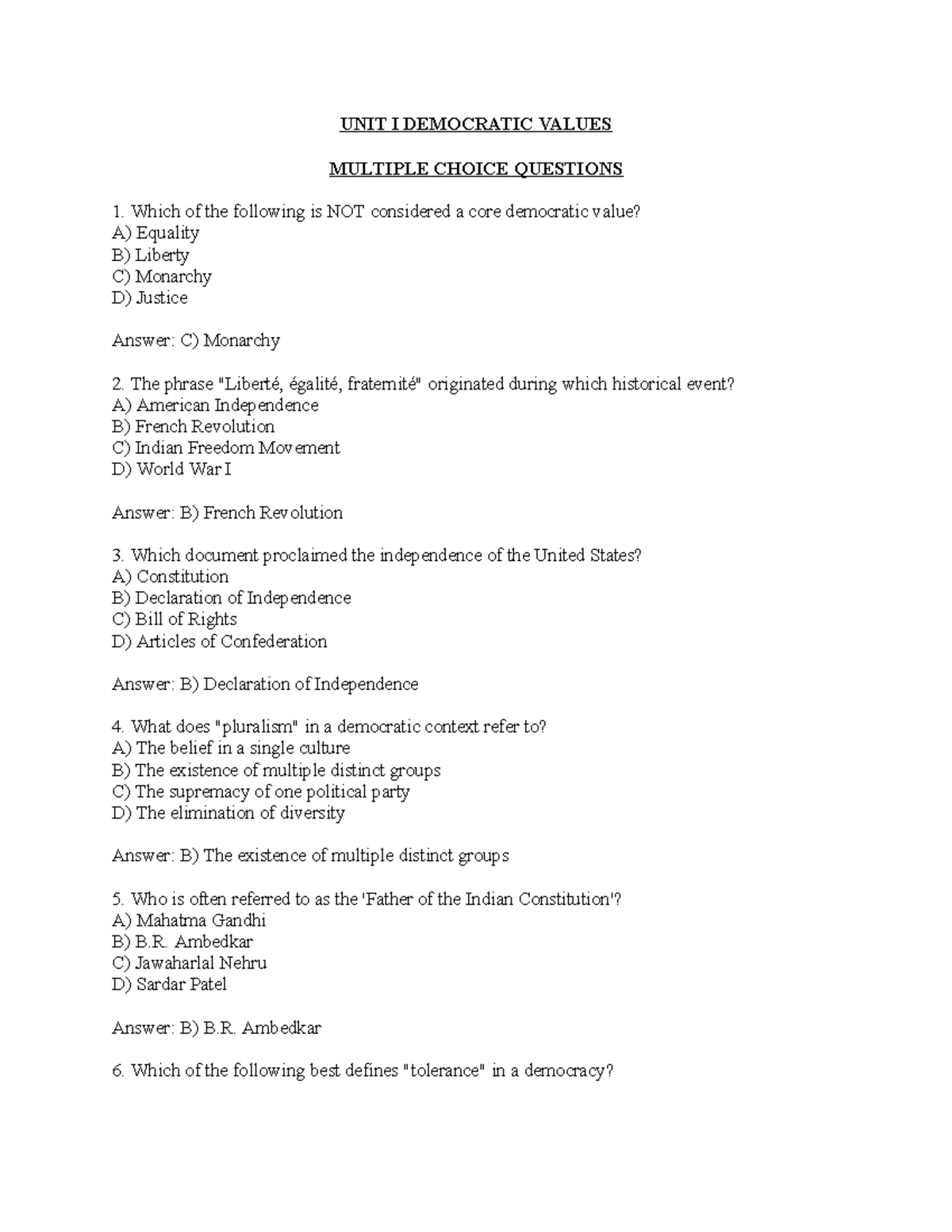 UNIT I DEMOCRATIC VALUES MCQs WITH ANSWERS - Studocu
