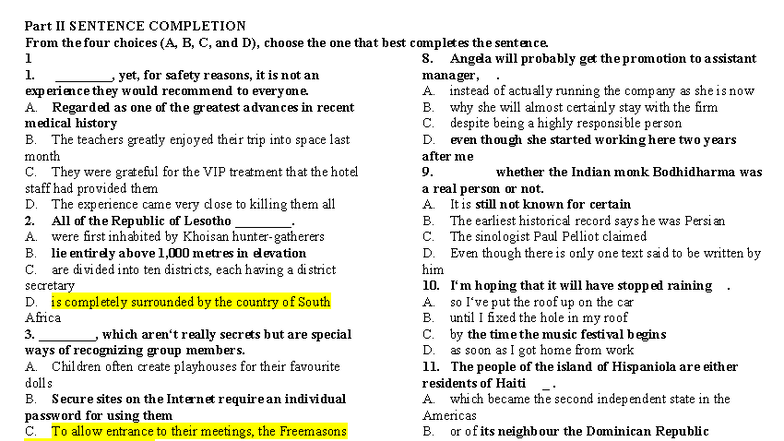 Part II Sentence Completion Practice - E1-E4 - Studocu