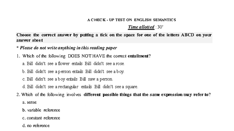 Sample Test on English Semantics (ENG 101) - Studocu
