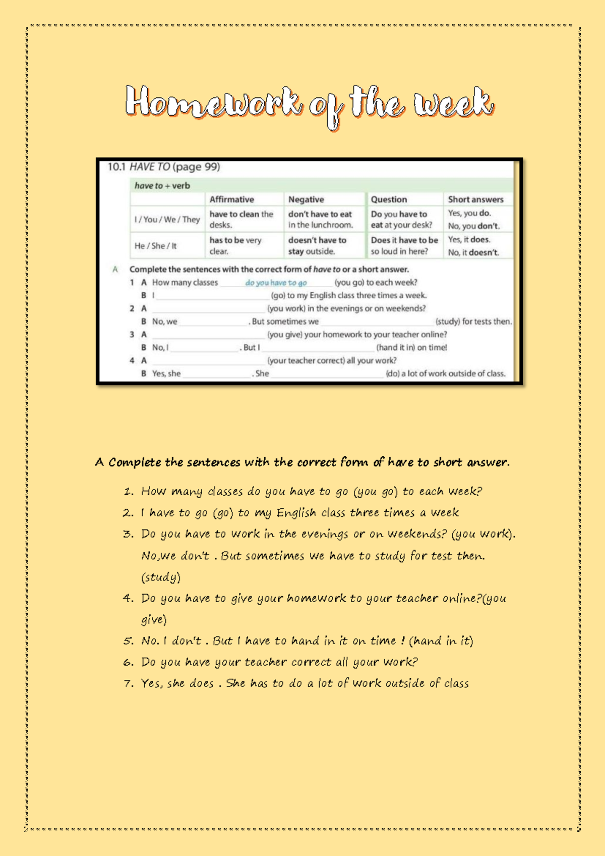 Week Homework - English Class Practice Exercises - Studocu