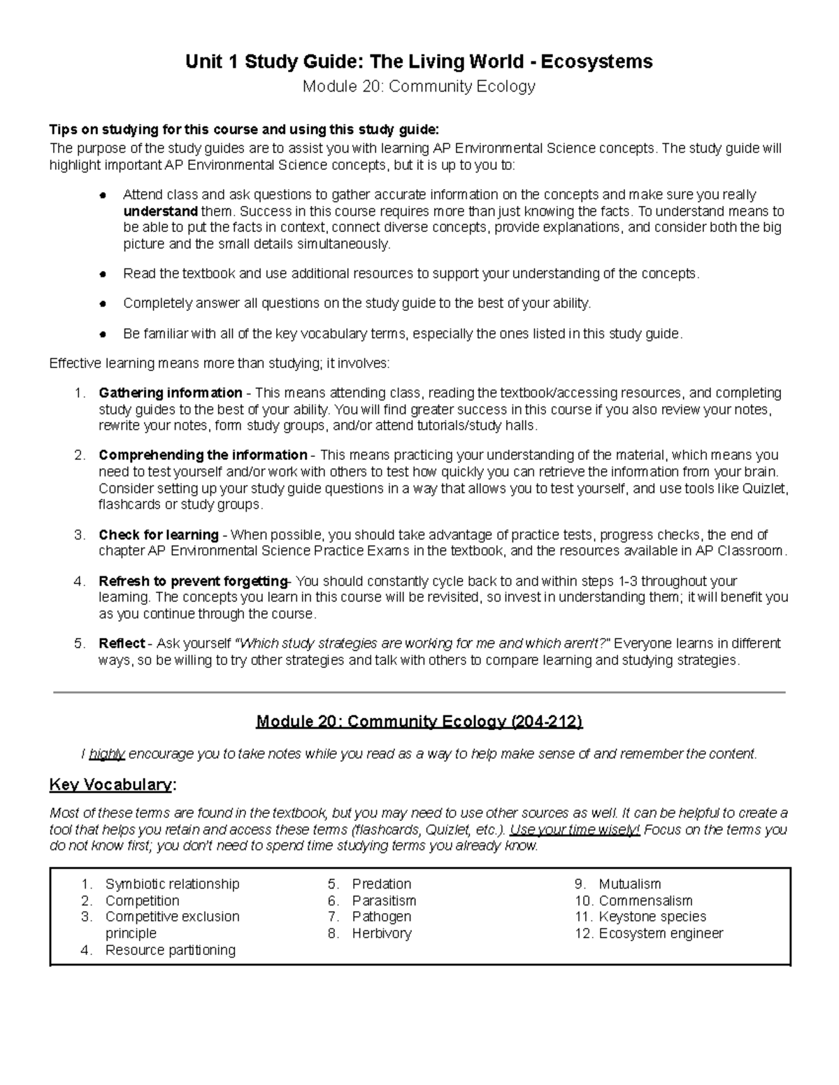 AP Environmental Science Module 20 Study Guide: Community Ecology - Studocu