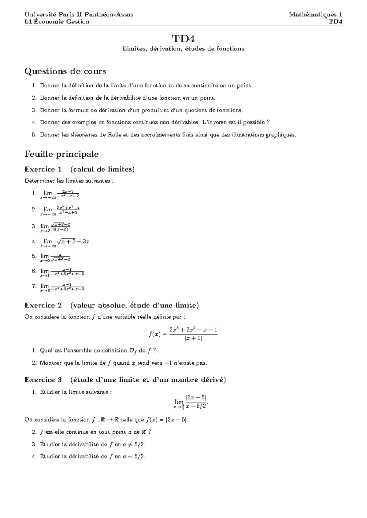Paris II L1 Gestion TD4 Limites et Fonctions - Exercice et Questions ...