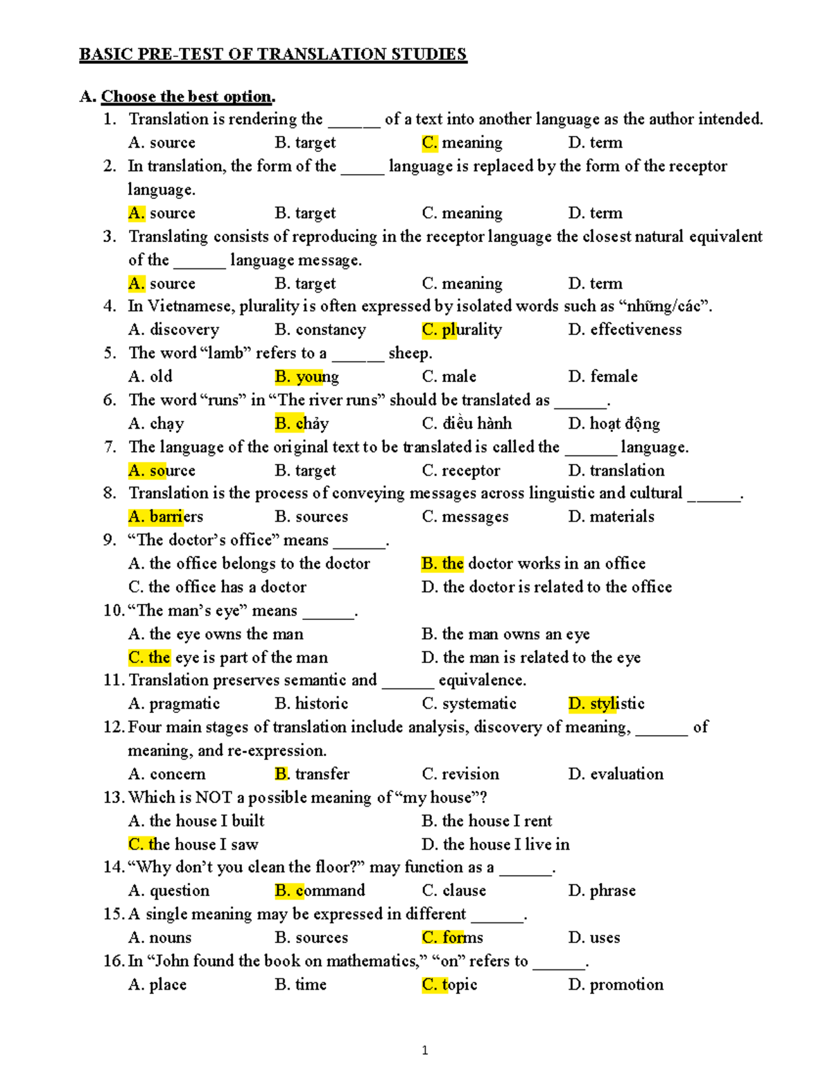 Basic Translation Pre-Test: Multiple Choice Questions - Studocu