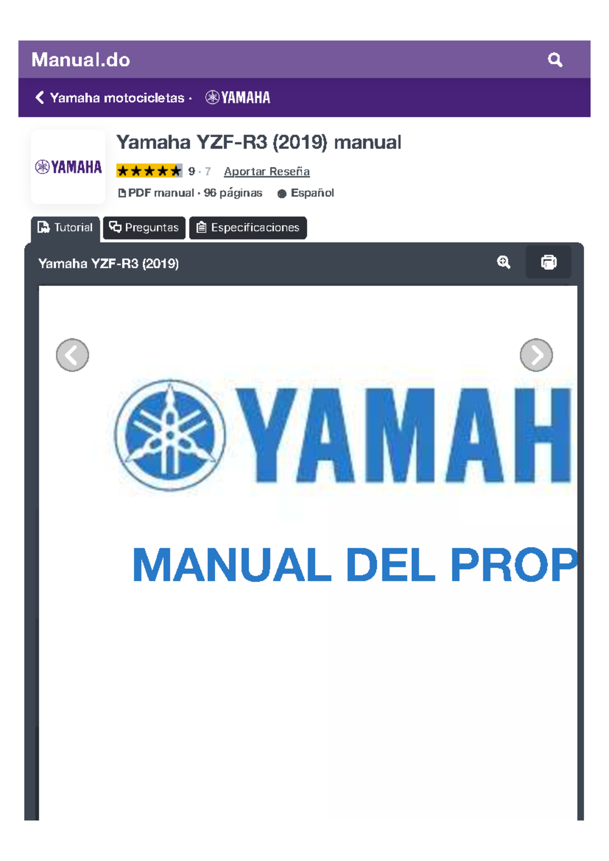 Manual de usuario Yamaha YZF-R3 (2019) - Español (96 páginas) - Studocu