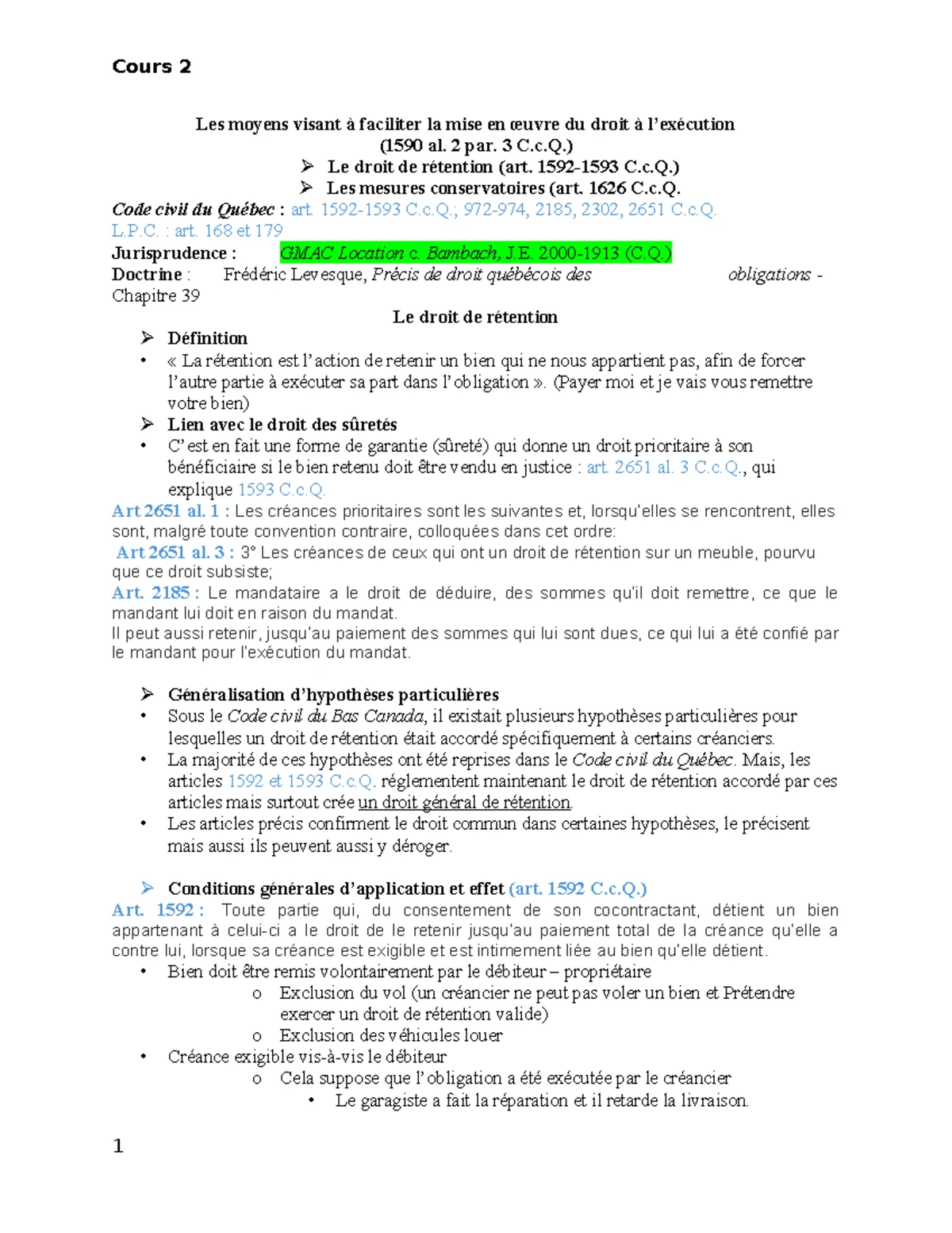 Cours Oblig III - Introduction au Droit à l'Exécution des