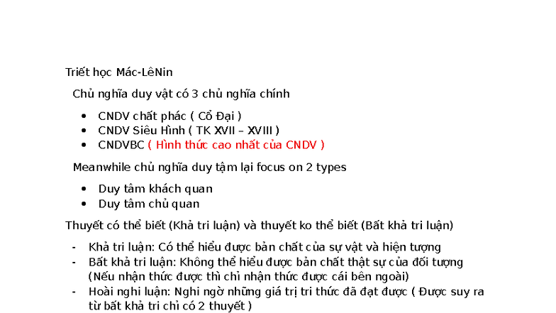 Triết học Mác: CNDV và Duy Tâm - Ghi chú học tập - Studocu