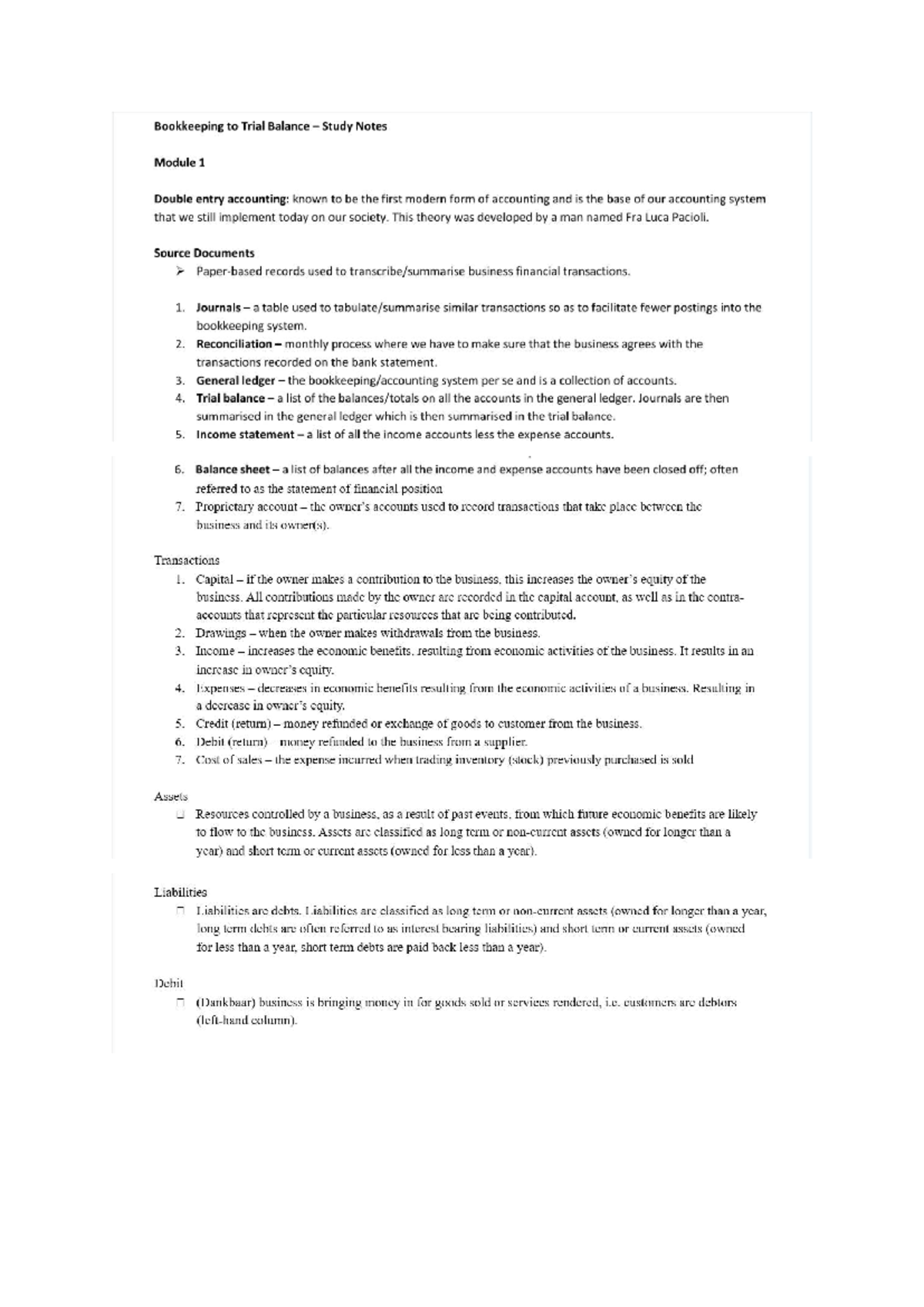Bookkeeping to Trial Balance Study Notes - Module 1 Overview - Studocu