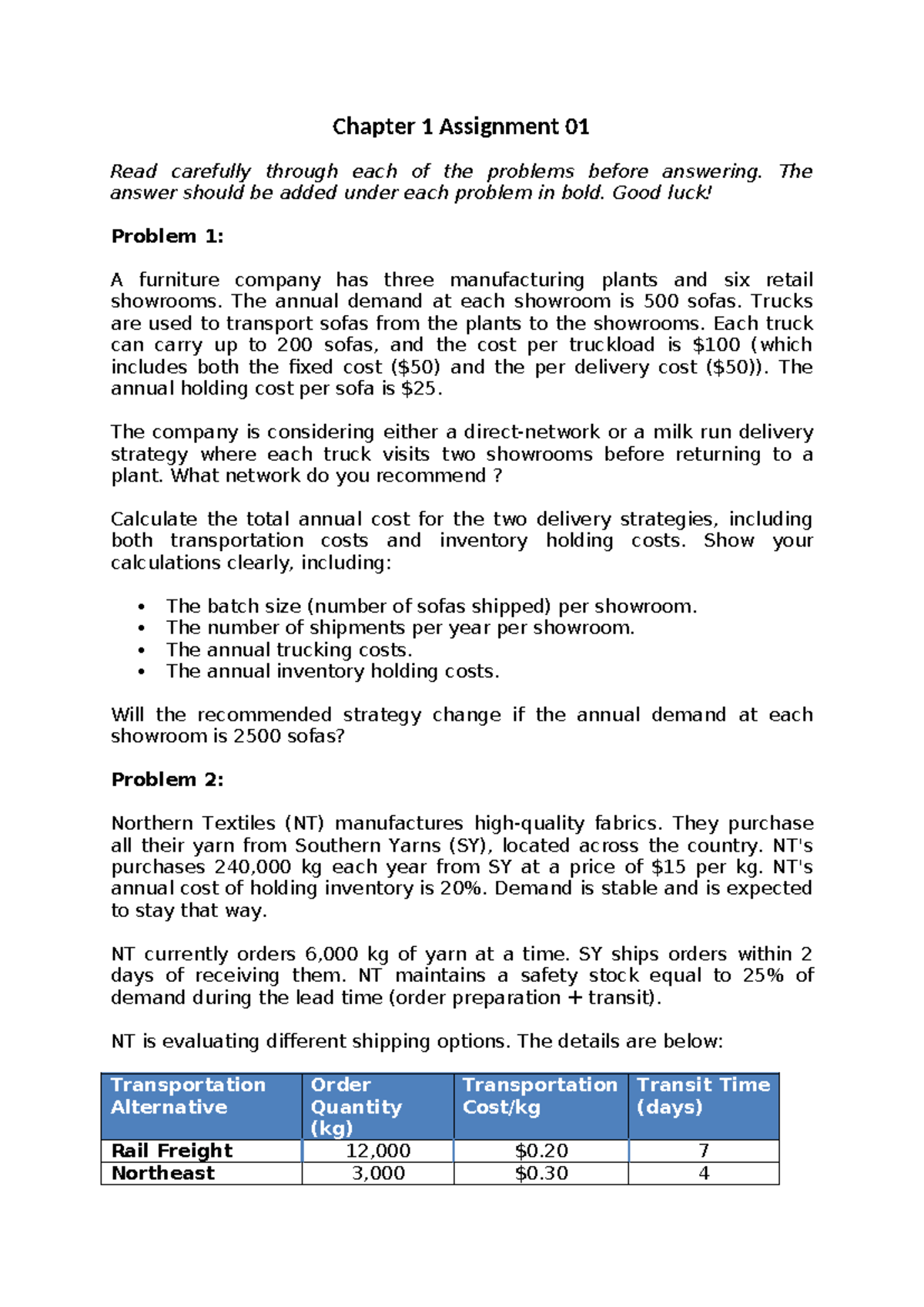 Chapter 1 Assignment 01: Transportation Strategies & Cost Analysis ...
