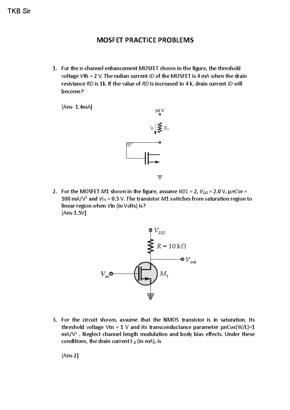 MOSFET Practice Problems for TKB Sir - Circuit Analysis and Solutions ...
