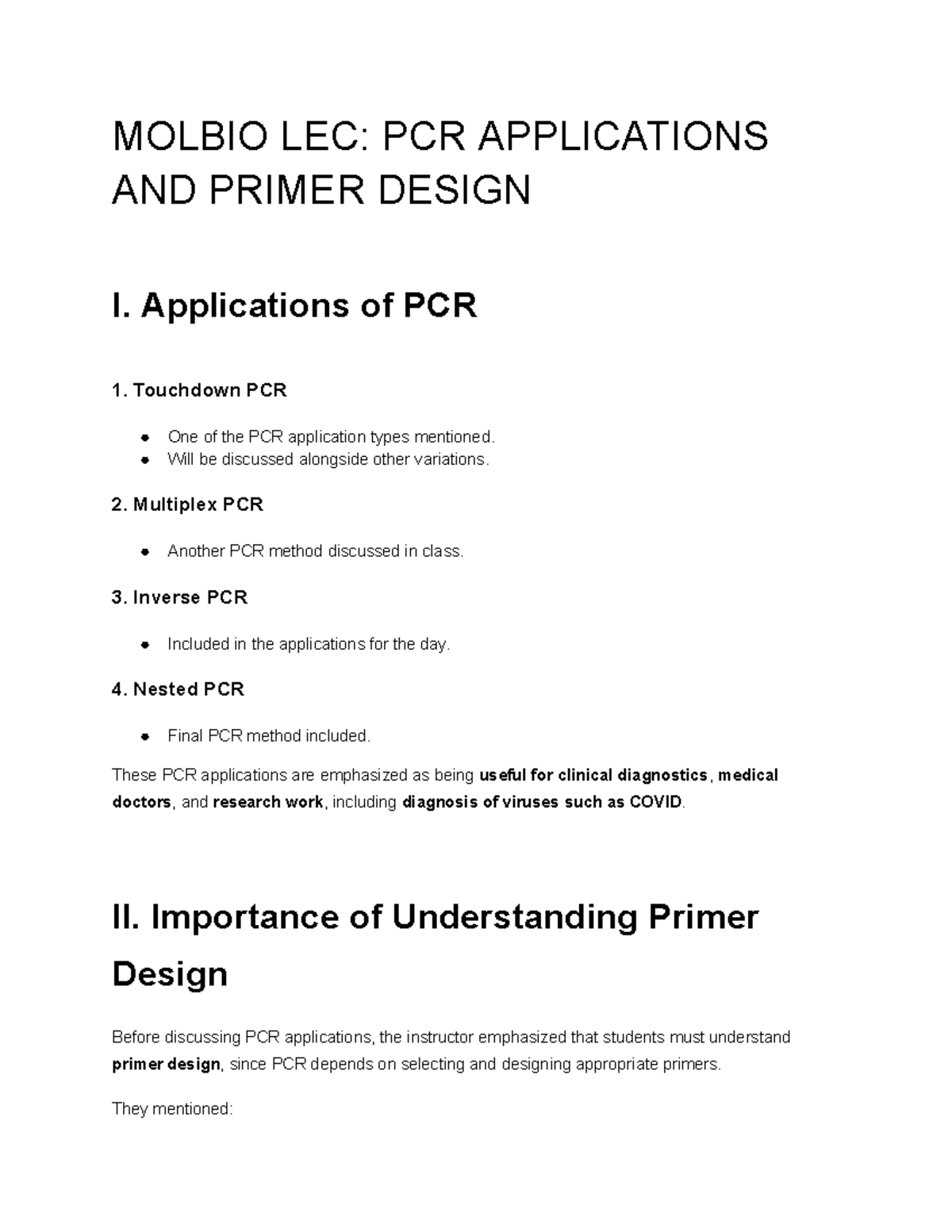 MOLBIO LEC: PCR Applications & Primer Design Overview - Studocu