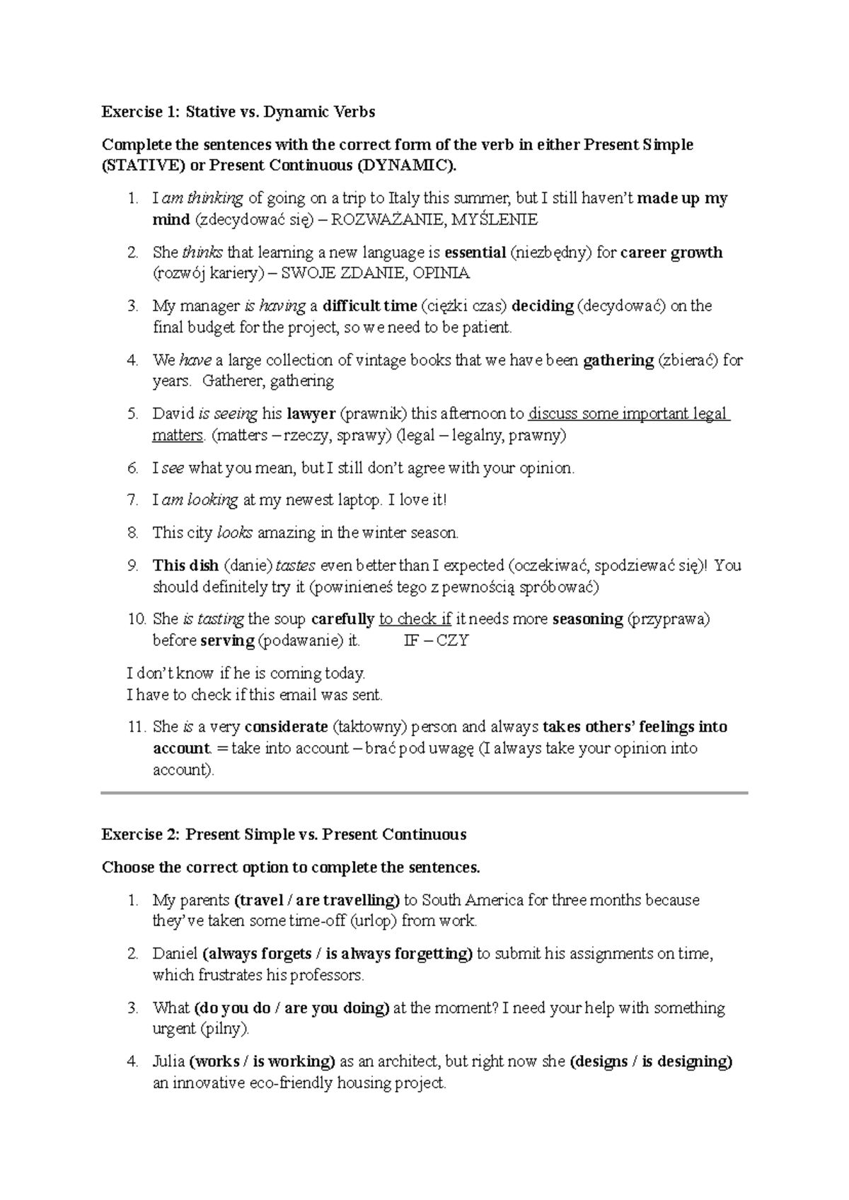 Adrianna zajecia 2 13 02 - Exercise 1: Stative vs. Dynamic Verbs ...