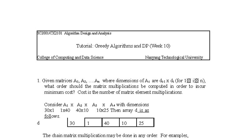 SC2001 Week 10 Tutorial: Greedy Algorithms & DP Analysis - Studocu