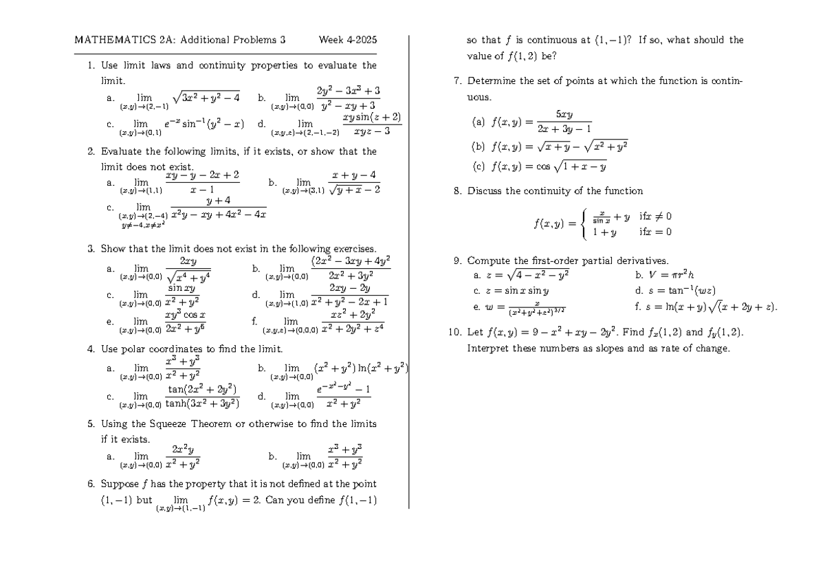 Tut 3 - cool - MATHEMATICS 2A: Additional Problems 3 Week 4- Use limit ...