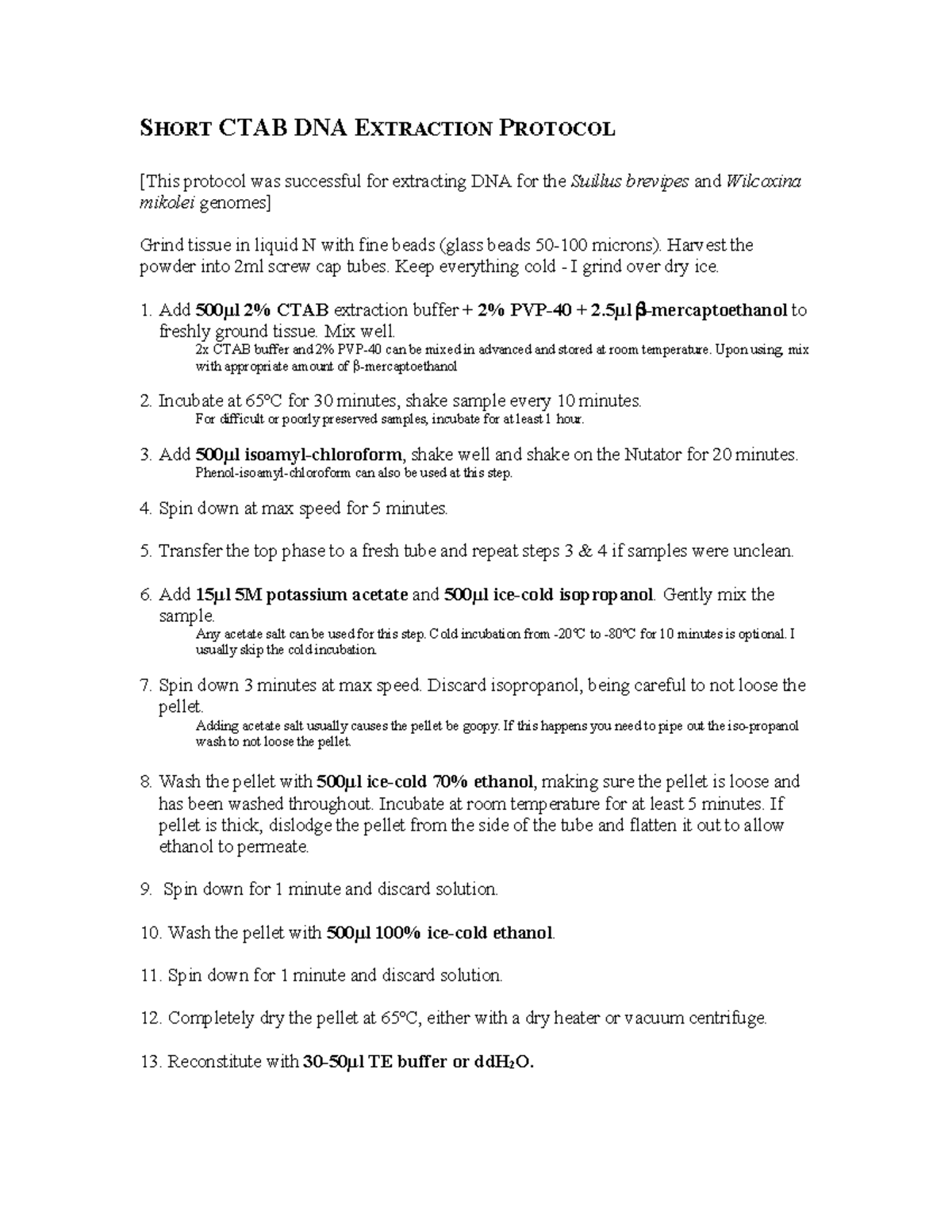 CTAB DNA Extraction Protocol for Suillus brevipes & Wilcoxina mikolei ...