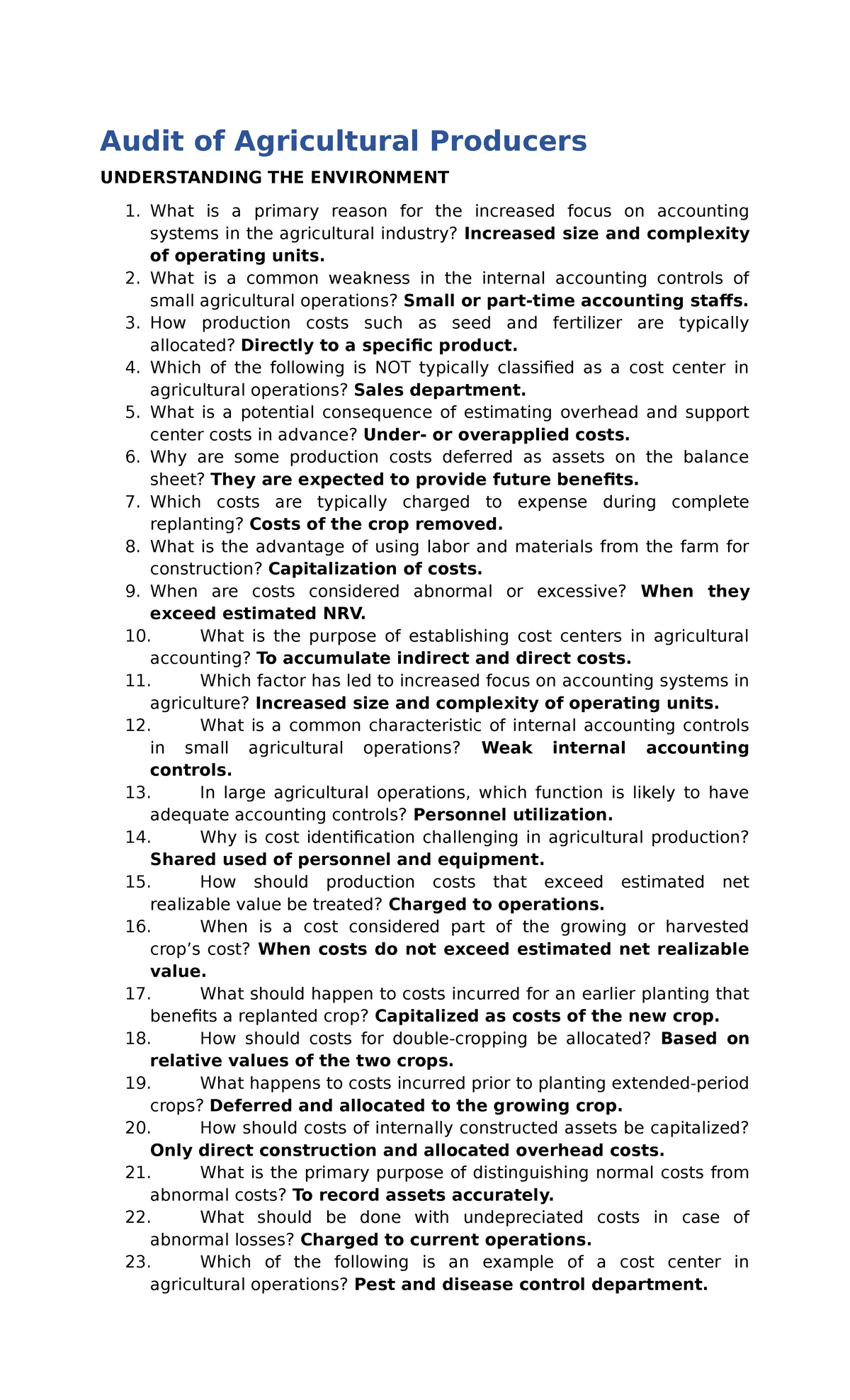 Audit of Agricultural Producers: Key Insights and Considerations - Studocu