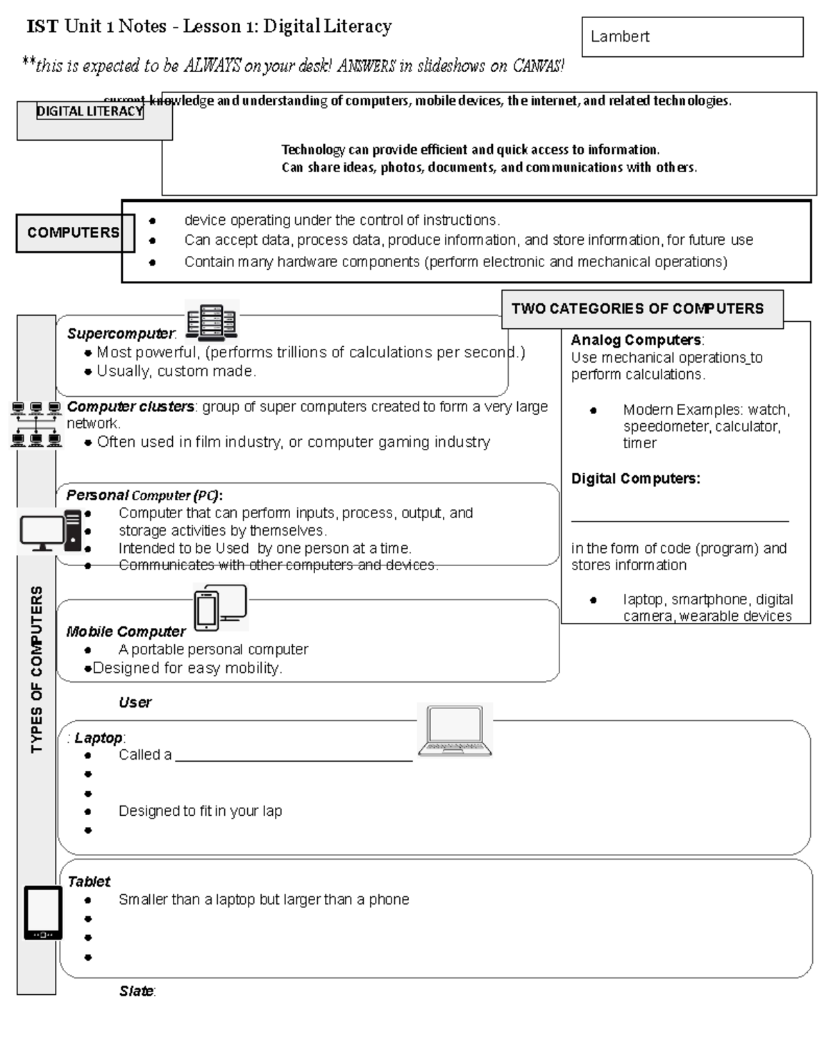 Unit 1 - Lesson 1 Digital Literacy & Computers Notes 2022 - IST - Studocu