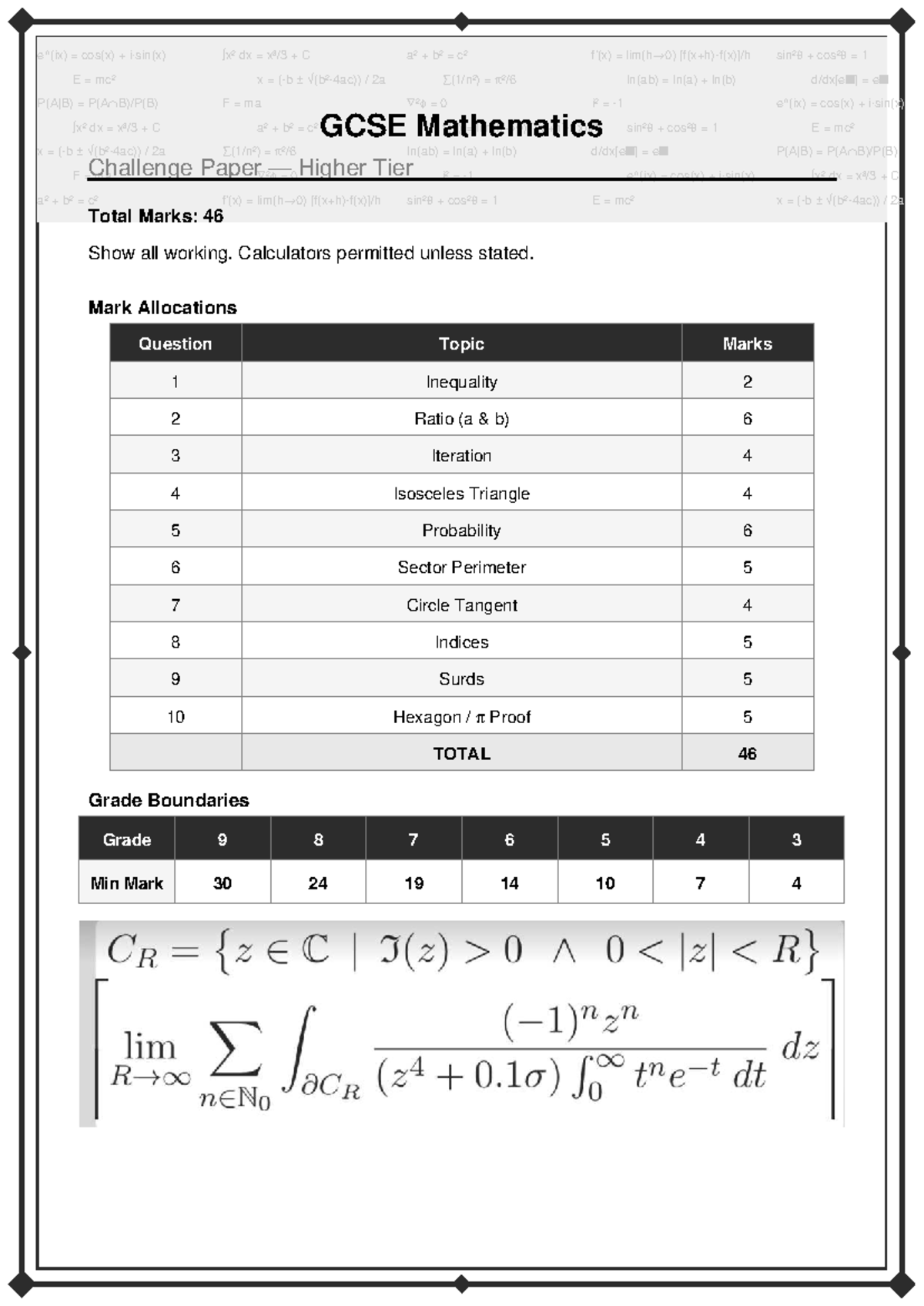 GCSE Mathematics Hard Questions Test - Total Marks: 46 - Studocu